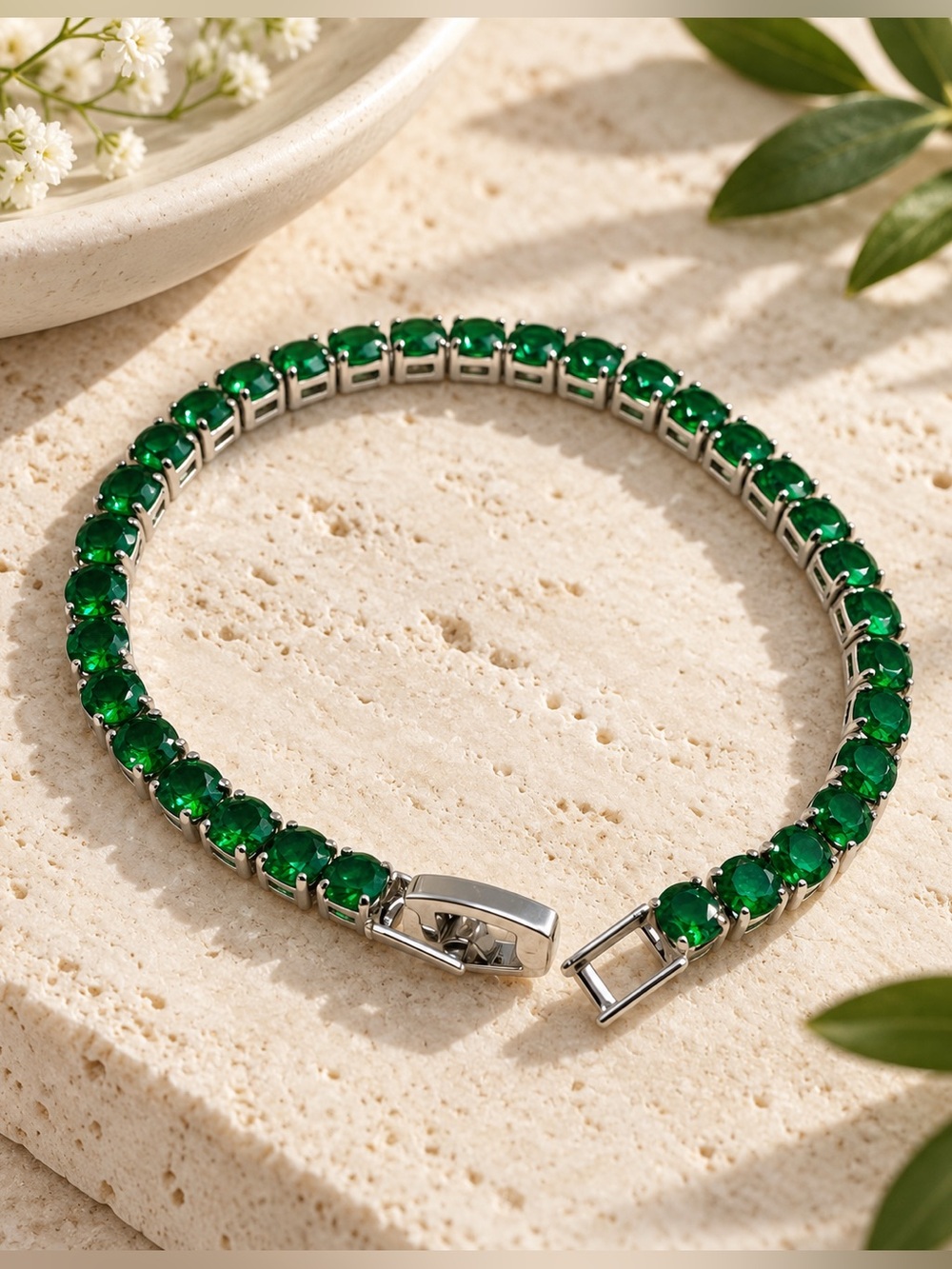 Emerald Green Rhinestone Tennis Bracelet Silver Tone